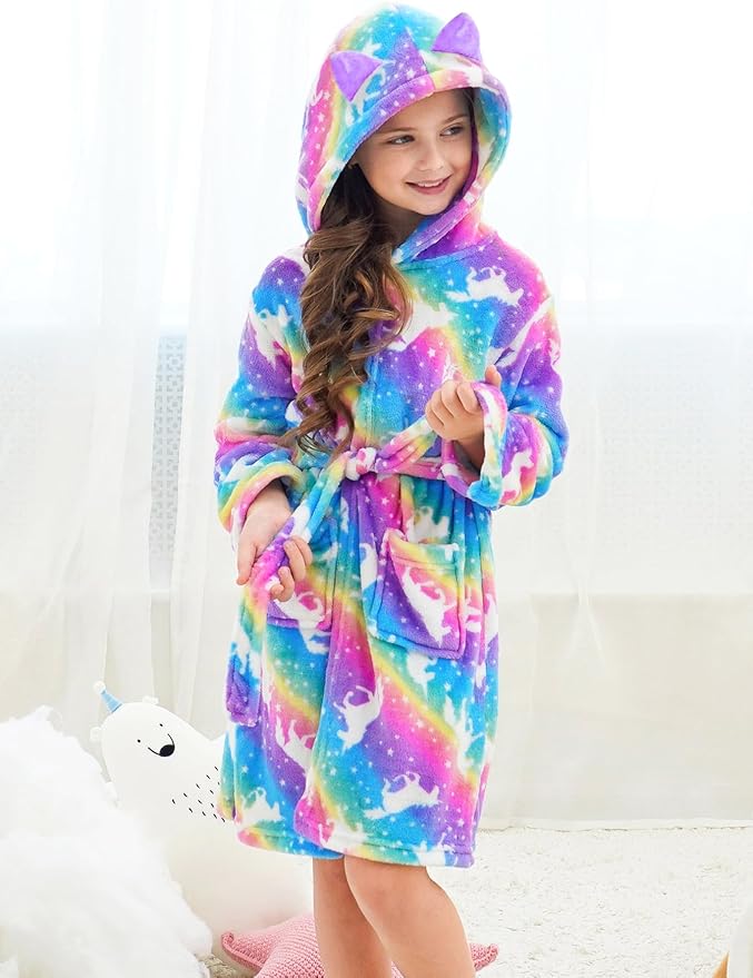 Doctor Unicorn Girls Leopard Cat Robe Kids Fleece Warm Hooded Bathrobe