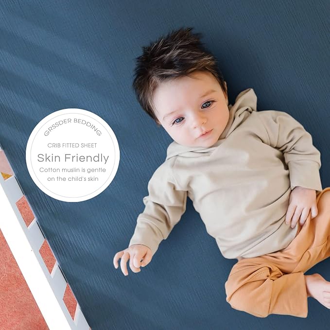 GRSSDER Soft Muslin Crib Sheet 2 Pack, 100% Cotton Crib Sheets for Boys and Girls, Fit Standard Crib Mattresses 52" x 28" Safe and Snug, Dark Blue/Blue