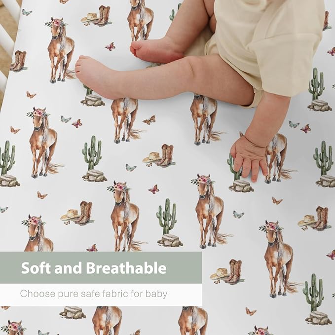 Cactus Horse Cowboy Baby Crib Sheets for Boy Girl 52x28Inch Cowboy Boots Hat Butterflies Soft Snug Fitted Crib Mattress Covers Western Horses Baby Sheet for Standard Crib & Toddler Bed Mattress