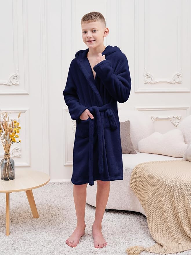 Umeyda Boys Girls Robes, Soft Fuzzy Fleece Hooded Bathrobes with Belt and Pockets for Kids, 1-18 Year