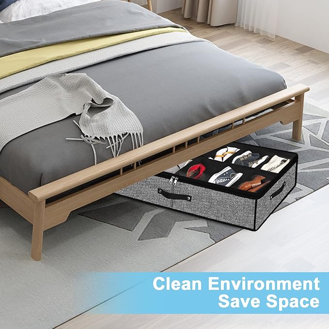 Meerainy Under Bed Shoe Storage Organizer for Closet 2 Pack- Fits 24 Pairs Underbed Shoes Container Boxes with 2 Sturdy Handles and Clear Window,Foldable Shoe Rack Holder,Black