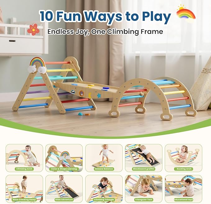 Pikler Triangle Set, 10in1 Toddler Climbing Toys Indoor, Montessori Kids' Indoor Climbers & Play Structures with Arch&Ramp&Ladder, Indoor Baby Climber for Montessori Toys