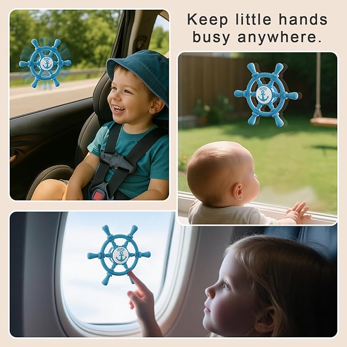 Bathtub Suction Spinner Toys - Silicone Bath & High Chair Sensory Toy for Babies & Toddlers, Novelty Spinners with Suction Cup, Car Window Travel Toys (Ship Steering Wheel Toy - Bubble Blue)