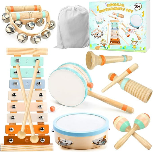 Musical Instruments-Toddler Musical Toys Wooden Montessori Musical Instruments for 1-3 Year Olds | Xylophone & Tambourine Percussion Set with Storage Bag for Kids Preschool Educational 3+