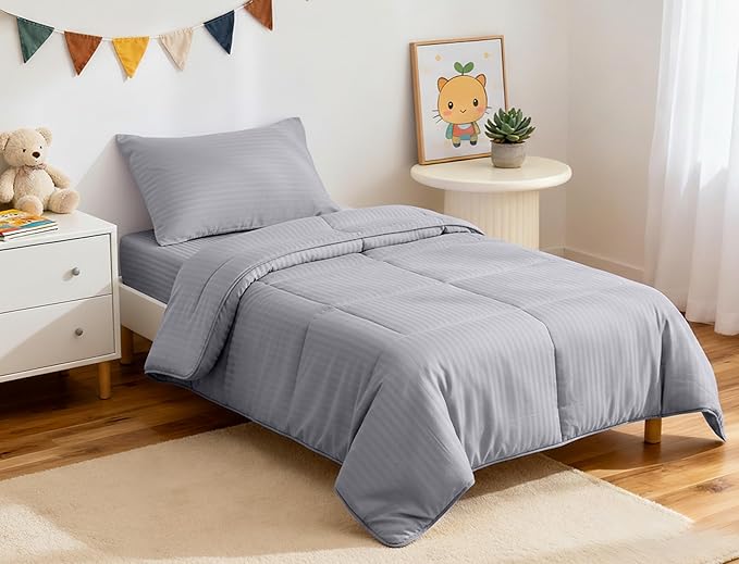 ZPECC Toddler Bedding Set - 4 Piece Hypoallergenic Baby Crib Bedding Set for Boys and Girls, Includes Toddler Comforter, Flat Sheet, Fitted Sheet and Pillowcase, Grey Stripe