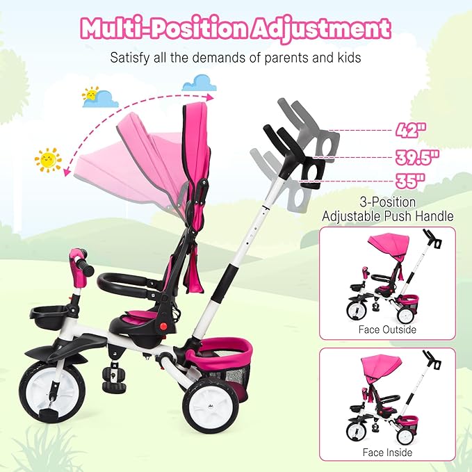 Baby Tricycle, 7 in 1 Folding Toddler Bike w/Removable Adjustable Push Handle, Canopy, Rotatable Seat, Safety Harness, Cup Holder & Storage, Trike for 1-5 Year Old (Pink)