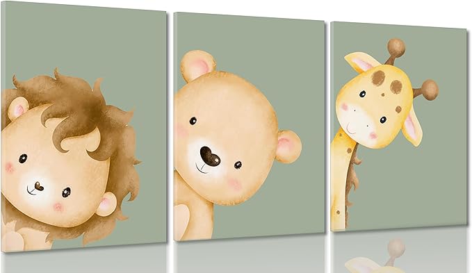 Ekiyuse Nursery Animal Wall Art Safari Animal Neutral Jungle Paintings Pictures Wall Decor Framed Boho Giraffe Lion And Teddy Bear Poster Printing Artwork for Kids Room Boys And Girls Home Decoration