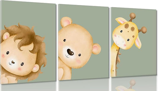 Ekiyuse Nursery Animal Wall Art Safari Animal Neutral Jungle Paintings Pictures Wall Decor Framed Boho Giraffe Lion And Teddy Bear Poster Printing Artwork for Kids Room Boys And Girls Home Decoration