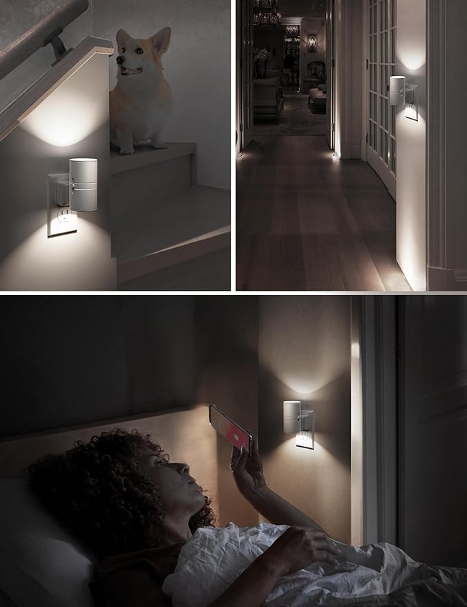 L LOHAS LED Bright Night Light, Night Lights Plug into Wall, Daylight White, Dimmable Nightlight Plug in White Shade, Light Sensor, Decorative LED Nightlights for Hallway Bathroom Kitchen, 2 Pack