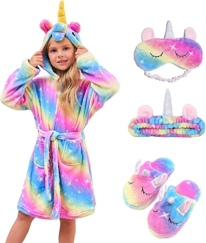 Soft Unicorn Hooded Robe with Matching Slippers Headband and Blindfold for Girls