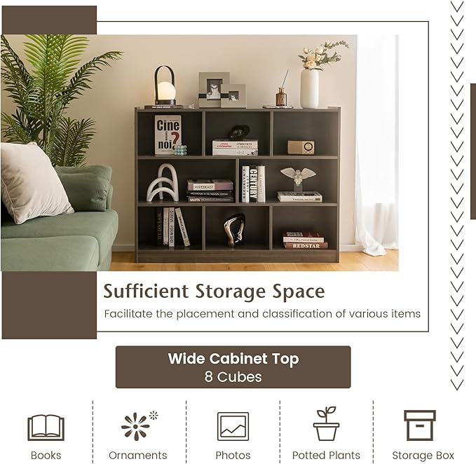 Giantex 8 Cube Bookcase, Freestanding 3-Tier Open Bookshelf, Modern Storage Display Cabinet, Wood Cube Storage Organizer for Living Room, Kid’s Room, Grey