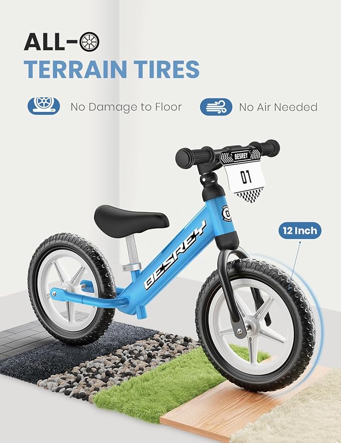besrey Toddler Balance Bike 2 Year Old: All-Metal Frame & 12" Self-Lighting Wheels, Custom Plate w/Bonus 4 Sets of Stickers, Kids Bike with Adjustable Seat, Bike Gift for 2 3 4 5 Year Old Boys Girls