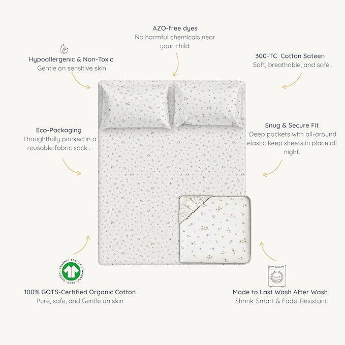 MakeMake Organics Organic Twin Fitted Sheet Set GOTS Certified Organic Cotton Fitted Sheet with 1 Pillowcase Ultra Soft Non Toxic Breathable Hypoallergenic (40"X76", Bloom)