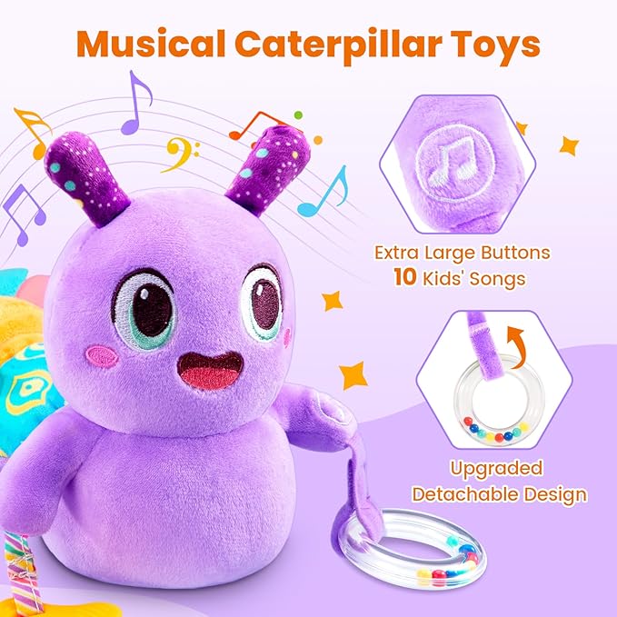 Baby Toys 0-6 Months, Washable Baby Musical Caterpillar Toys with 10 Kid's Songs,Rattles,BabyTeething Toys,Suitable for 0-6, 6-12 Months Infant Tummy Time Toy,Newborn Baby Boy&Gril Gifts(Purple)