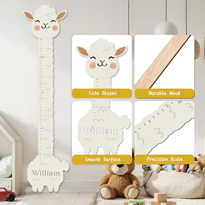 Woodemon Personalized Name Height Chart for Kids, Alpaca Wood Growth Chart, Height Measuring for Children, Boy Girls Height Wall Chart Growth Measuring Ruler for Nursery Decor, Lightweight