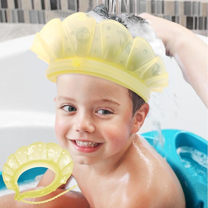 kair Baby Kids Shower Cap Soft Adjustable Silicone Toddler Bath Visor Children Hair Washing Hat Keep Kids Shield Water Out of Eyes & Ears (Yellow, Head Size 17"-24" More Than 24 Months)