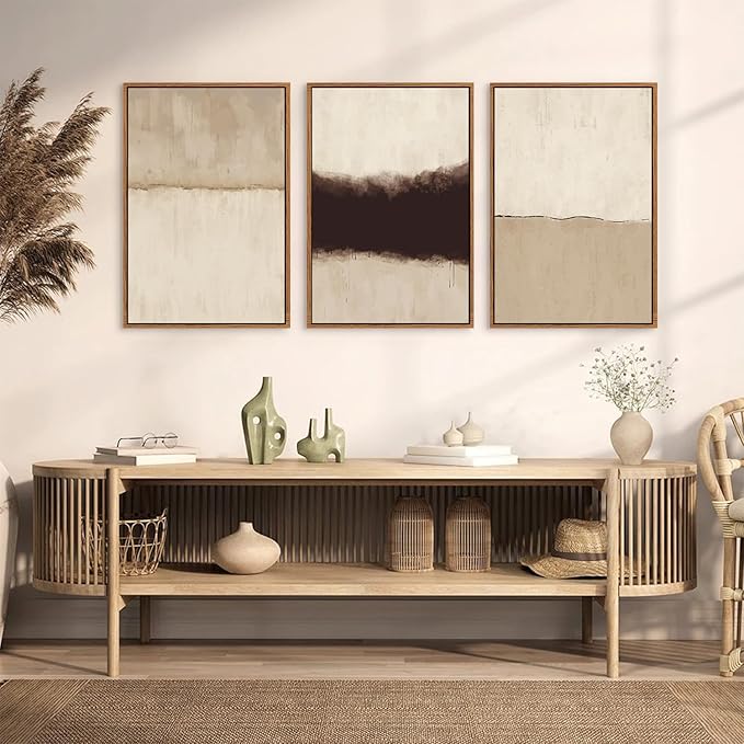 CHDITB Neutral Abstract Wall Art Set of 3, 24"x36" Large Framed Textured Wall Decor, Minimalist Modern Wall Painting, Beige Black Canvas Art Print for Living Room, Bedroom, Dining Room, Office