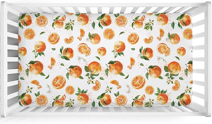 Watercolor Oranges Baby Crib Sheets 52''x28'' Retro Oranges Floral Leaves Stretchy Fitted Crib Mattress Cover for Boy Girl Boho Summer Fruits Soft Bed Sheets for Standard Crib Toddler Mattress