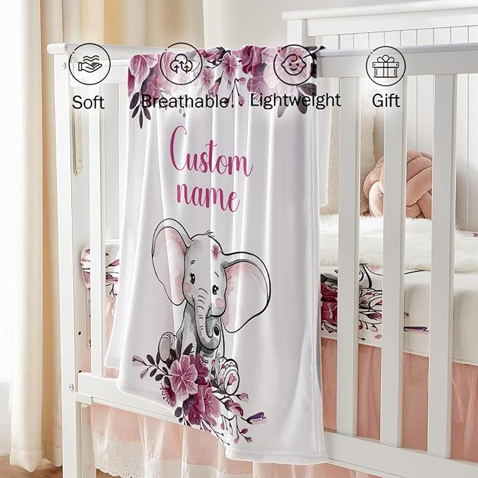 Custom Baby Crib Bedding Set, Personalized Name Floral Elephant Theme Crib Set 3 Pcs, Soft Double Layer Blanket, Crib Sheet & Room Rug, Ideal Nursery Decor Gift for Baby Girls Boys