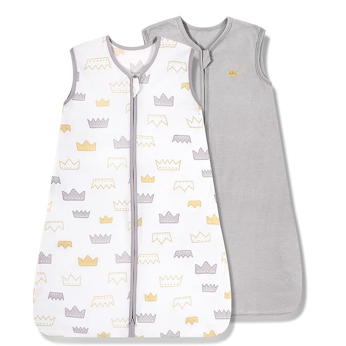 TILLYOU 2 Pack Infant Sleep Sack 0-6 Months 100% Cotton Wearable Blanket 0.5 TOG Sleeveless Summer Sleep Sacks with 2-Way Zipper, Gray Crown