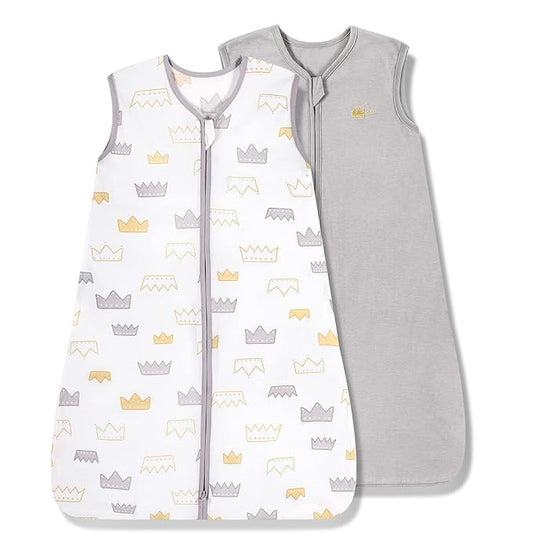 TILLYOU 2 Pack Infant Sleep Sack 0-6 Months 100% Cotton Wearable Blanket 0.5 TOG Sleeveless Summer Sleep Sacks with 2-Way Zipper, Gray Crown