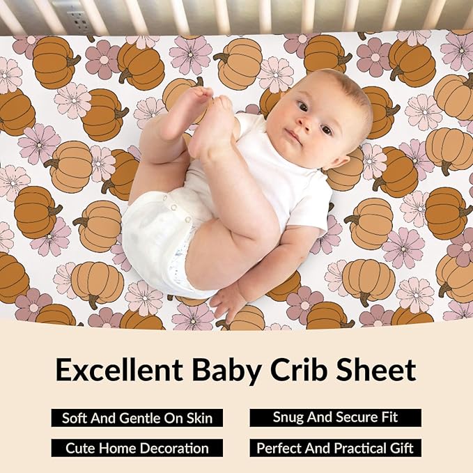 Vintage Pumpkin Boho Floral Baby Crib Sheets Fall Pumpkin Autumn Floral Soft Breathable Baby Sheets Autumn Thanksgiving Harvest Fitted Crib Mattress Cover for Standard Mattress 28x52in