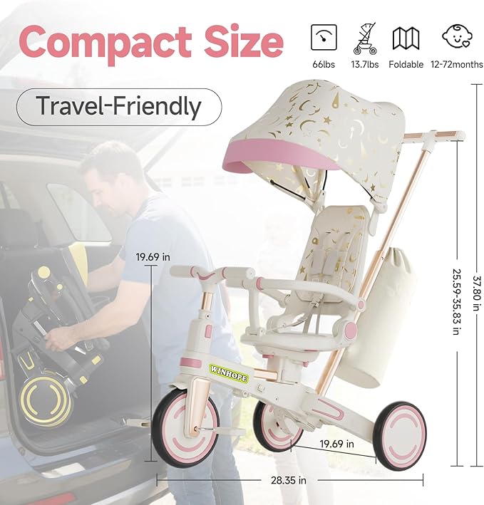 WinHope 9-in-1 Push Tricycle for Toddlers 1-3 Years | Convertible Kids Trike with Adjustable Parent Handle & Safety Harness, Lightweight Foldable Design + Storage Basket for Boys & Girls (Pink)