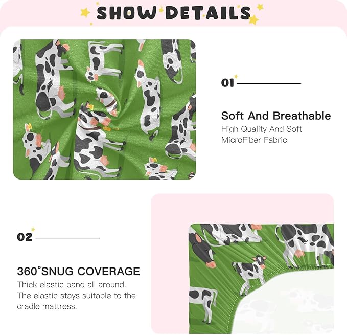 Farm Cows Crib Sheets Soft Breathable Fitted Baby Crib Sheets Mattress Cover for Girl Boys, 52" x 28" x 9"