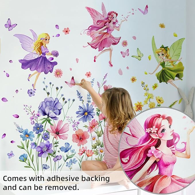 CharmFlo Fairy Wall Decals Wildflower Butterfly Wall Stickers Removable Vinyl Wall Art DIY Florals Peel and Stick for Girls Bedroom Living Room Kids Room Baby Nursery Wall Decor