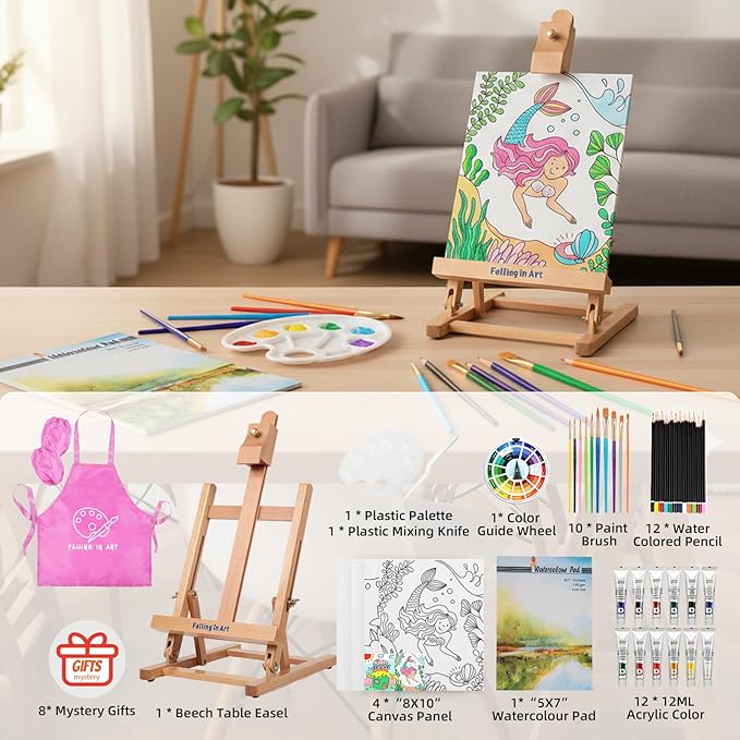 Falling in Art Tabletop Easel Set, Portable Wooden Art Easel Painting Kits for Kids, Easel for Painting Canvases, Including 12 Colors Acrylic Paints, 10 Paintbrushes and 4 Canvas Panels, Pink