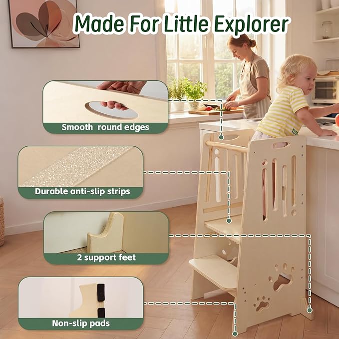 Toddler Standing Tower, Height-Adjustable Step Stool for Kids,Easy to Assemble and Move,Nursery Step Stool for Kitchen and Bathroom,an Assistant for Cultivating Your Child's Independence-Natural
