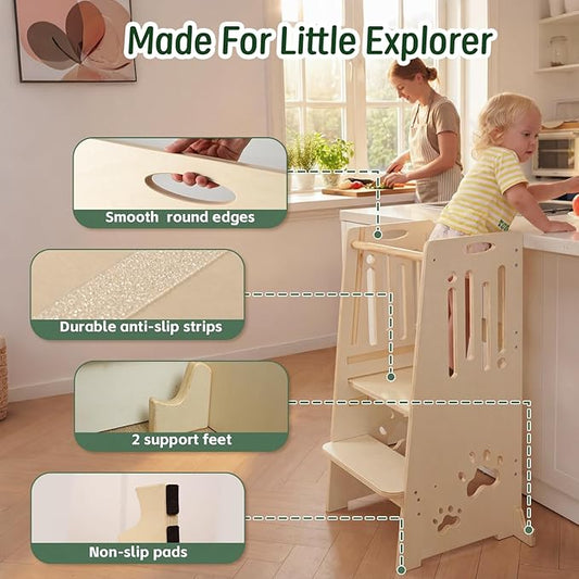Toddler Standing Tower, Height-Adjustable Step Stool for Kids,Easy to Assemble and Move,Nursery Step Stool for Kitchen and Bathroom,an Assistant for Cultivating Your Child's Independence-Natural