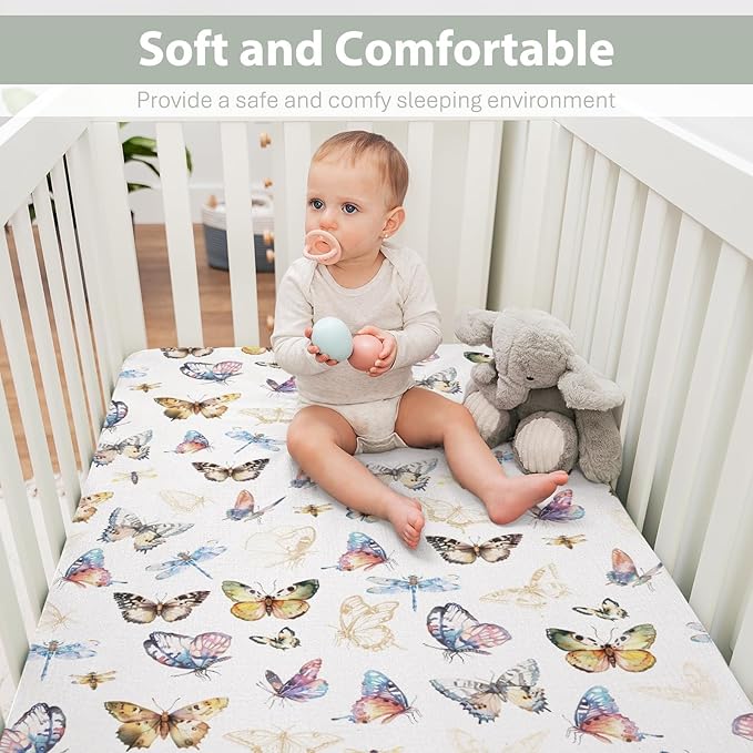 Boho Butterflies Dragonflies Baby Crib Sheets for Boy Girl 52x28Inch Vintage Butterflies Soft Stretchy Fitted Crib Mattress Cover Garden Baby Sheet for Standard Crib and Toddler Bed Mattress