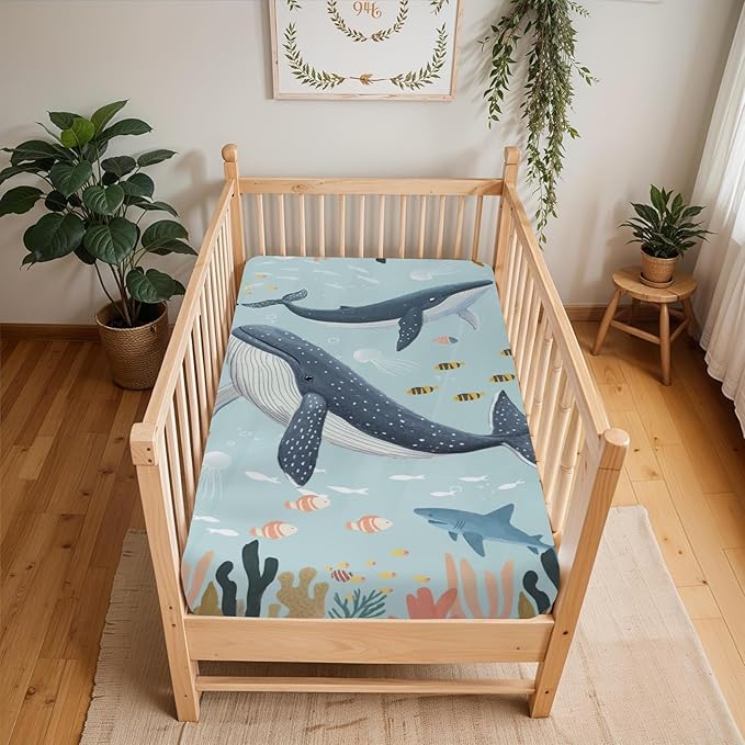 Boho Ocean Animals Baby Crib Sheets Boy Girl 28"x52" Whale Shark Jellyfish Coral Seaweed Soft Snug Fitted Crib Mattress Cover Nautical Coastal Marine Baby Sheet for Standard Crib & Toddler Mattress