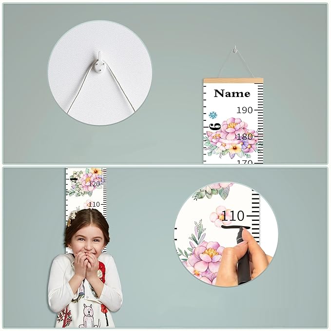 Wall Height Chart for Kids Personalized Name Custom Christmas Gift Baby Girls Flower Room Decor Wall Canvas Height Growth Measurement Ruler for Toddler Removable Wall Hanging Playroom Decoration