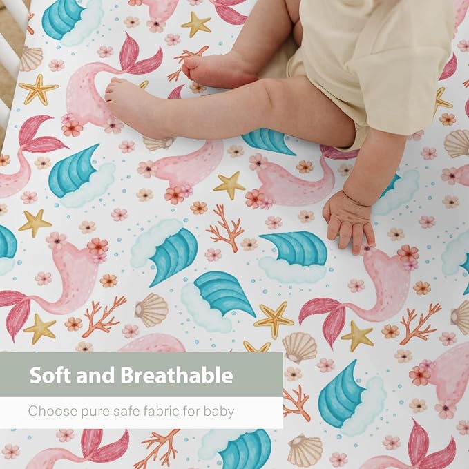 Mermaids Tails Baby Crib Sheets for Boy Girl 52x28Inch Fairytale Fish Floral Waves Starfish Conch Soft Snug Fitted Crib Mattress Cover Summer Beach Baby Sheet for Standard Crib & Toddler Bed Mattress