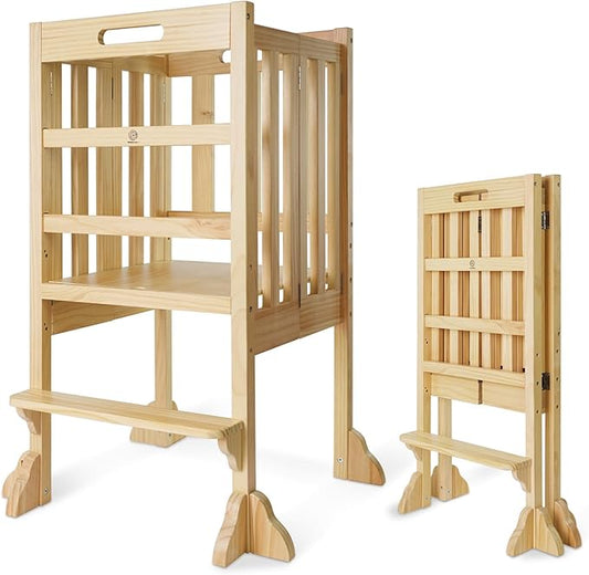 Foldable Toddler Learning Standing Tower, WOOD CITY Montessori Kitchen Step Stool Ideal Helper with 3 Adjustable Heights for Learning New Skills(Natural)