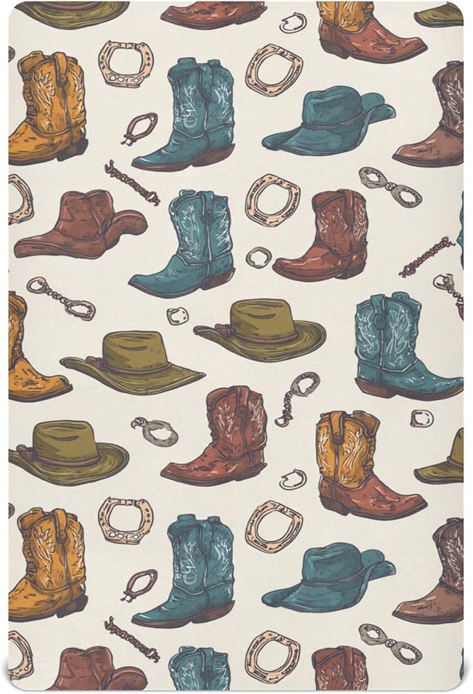 Western Cowboy Boots Vintage Crib Sheets Soft Breathable Fitted Baby Crib Sheets Mattress Cover for Girls Boys 52" x 28" x 9"