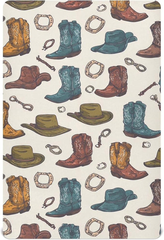 Western Cowboy Boots Vintage Crib Sheets Soft Breathable Fitted Baby Crib Sheets Mattress Cover for Girls Boys 52" x 28" x 9"