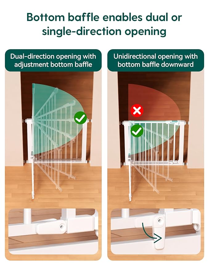 Babelio 29-43" Magnetic Baby Gate for Stairs,Doorways House,Kitchen,30" Tall Pet Door with Baffles,Pressure Mounted & Dual-Lock Design Safety for Kids Toddler,Auto-Close/Hold-Open,White