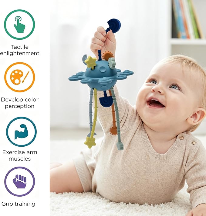 Little Rawr Silicone Baby Sensory Montessori Toys & Pull String Teething Toys for 18 M+, Toddler Birthday Gift Car Seat Airplane Travel for 1 2 Year Old Boy Girl Infant 18 Months Old (Blue)