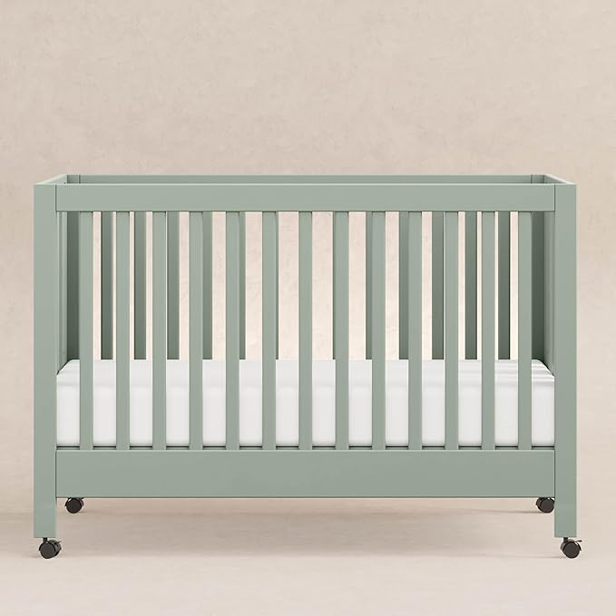 Babyletto Maki 2-in-1 Portable Folding Crib with Toddler Bed Conversion Kit in Light Sage, Greenguard Gold Certified