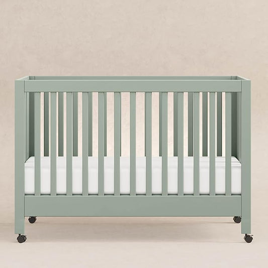 Babyletto Maki 2-in-1 Portable Folding Crib with Toddler Bed Conversion Kit in Light Sage, Greenguard Gold Certified
