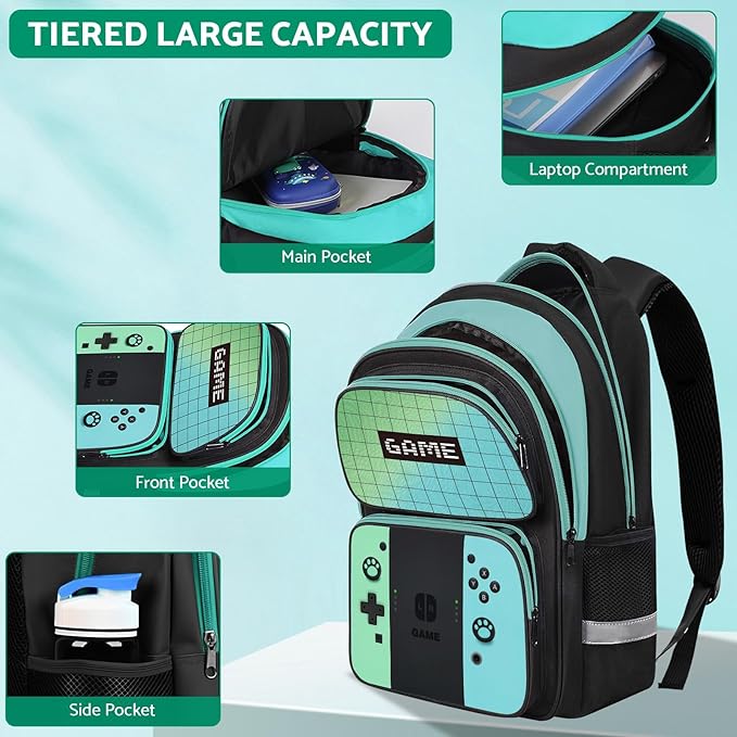 JIRAIKEI Kids Backpack For Boys，Gamer Boys Backpack For Children Teens Elementary Middle School, 17″ Students Bookbag