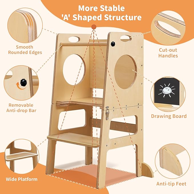 SHWWQUE Toddler Tower Step Stool for Kids Kitchen Stool Helper Toddler Standing Tower Foldable Children Table Kids Table and Chair Set Montessori Helper Tower Natural