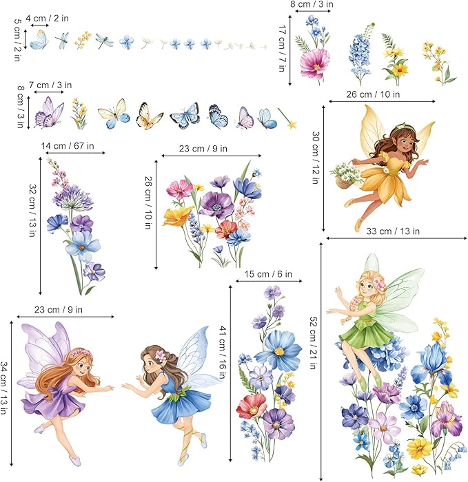 decalmile Purple Flower Fairy Wall Stickers Watercolor Floral Butterfly Elf Wall Decals Baby Nursery Bedroom Girls Room Home Decor