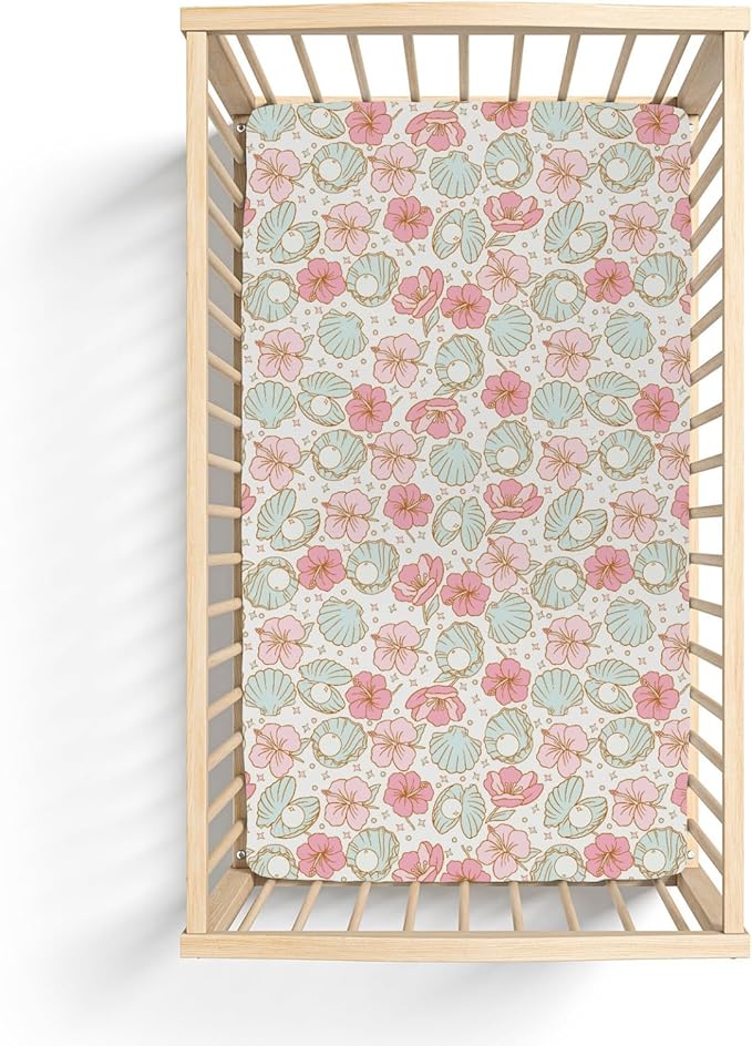 Boho Summer Mermaids Floral Baby Crib Sheets for Boy Girl 52"x28" Beach Seashells Conch Tropical Flowers Soft Snug Fitted Crib Mattress Cover Ocean Marine Baby Sheet for Crib & Toddler Bed Mattress