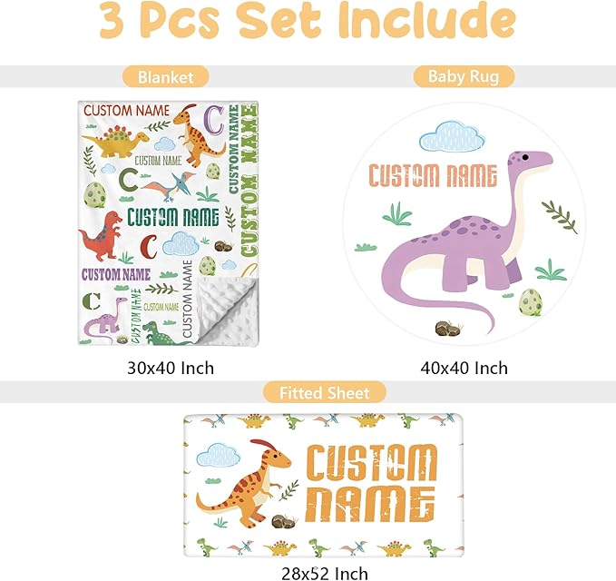 Custom Baby Bedding Set, 3 Pcs Personalized Name Crib Bedding Set for Nursery, Soft Double Layer Baby Crib Set for Boy Girl, Customized Gifts for New Parents Infants Toddlers, Green Dinosaur