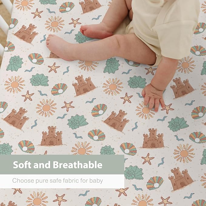 Boho Beach Summer Baby Crib Sheets for Boy Girl 52"x28" Retro Seaside Holiday Soft Snug Fitted Crib Mattress Cover Sun Seashells Castle Starfish Baby Sheets for Standard Crib & Toddler Bed Mattresses