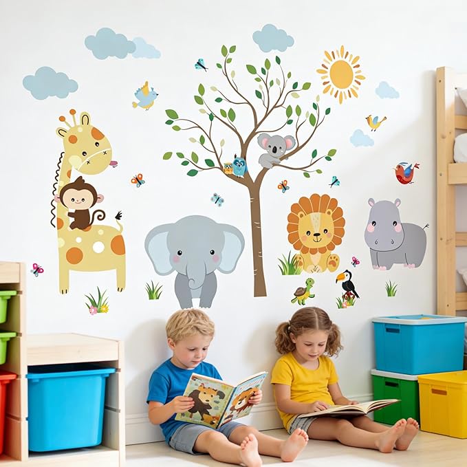 Animal Wall Stickers Decals for Kids: Baby Room Nursery Decor with Jungle Safari Theme Peel and Stick Removable Vinyl - Ages 0-12 Years